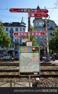 RORSCHACH, SWITZERLAND -- CIRCA JULY 2016 Signs on the post near railway station