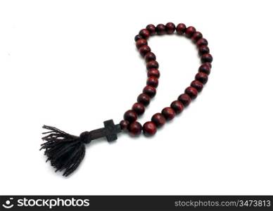 ""Rosary made of sandal wood isolated on white ertical;""
