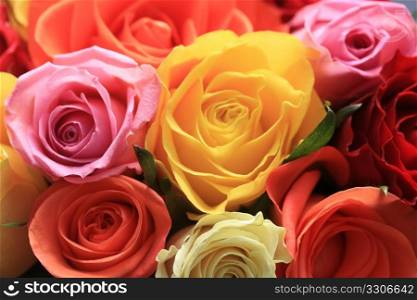 Rose bouquet with roses in pink, white, yellow and orange