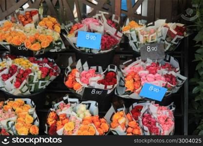 Rose bouquets in various colors at the flower market in Aix en Provence