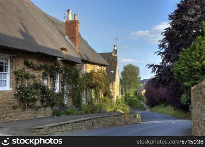 Rose covered thatched cottage, Ebrington, Gloucestershire, England