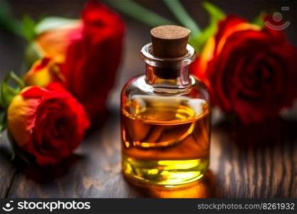 rose flower and glass of bottle essential oil or rose water with rose petals, spa and aromatherapy cosmetic concept. Neural network AI generated art. rose flower and glass of bottle essential oil or rose water with rose petals, spa and aromatherapy cosmetic concept. Neural network AI generated