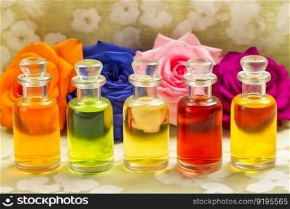 rose flower and glass of bottle essential oil or rose water with rose petals, spa and aromatherapy cosmetic concept. Neural network AI generated art. rose flower and glass of bottle essential oil or rose water with rose petals, spa and aromatherapy cosmetic concept. Neural network AI generated