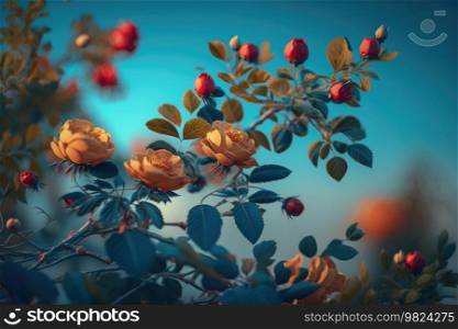 Rose flowers on blue background. Illustration Generative AI