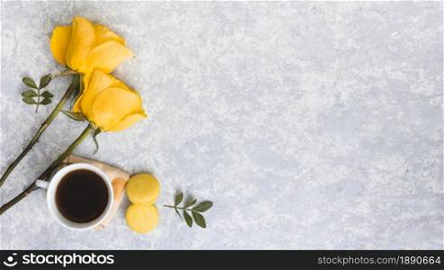 rose flowers with macaroons coffee cup . Resolution and high quality beautiful photo. rose flowers with macaroons coffee cup . High quality and resolution beautiful photo concept