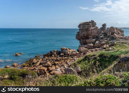 Rose granit sea shore in Britanny travel and hiking