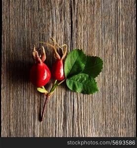 Rose hip over old wooden background with copy space