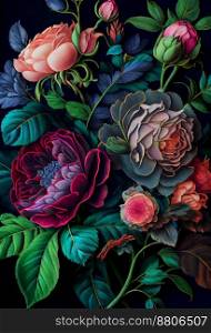 Rose & peony bunch in an old master, Neo-Baroque, watercolor style illustration created with Generative AI technology.