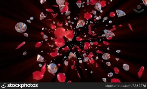 Rose petals and Diamonds Flying towards camera