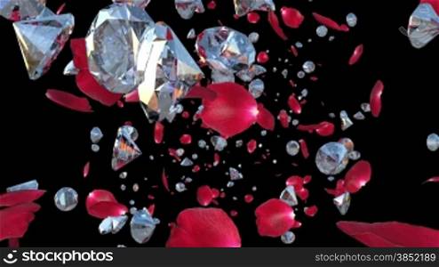 Rose petals and Diamonds Flying towards camera, against black