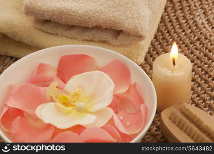 Rose petals and orchid in a bowl with nail brush