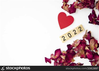 Rose Petals shape 2022, new year concept isolated on white background copy space, romantic Valentines Day design, Happy new year Holiday space for text. Rose Petals shape 2022, new year concept isolated on white background copy space, romantic Valentines Day design, Happy new year Holiday
