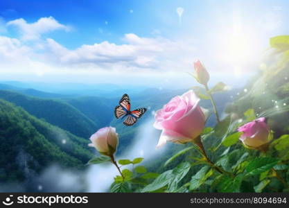 Rose rain in mountains. Plant color gift. Generate Ai. Rose rain in mountains. Generate Ai