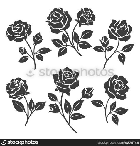 Rose silhouettes decorative set. Rose silhouettes vector illustration. Black buds and stems of roses stencils isolated on white background