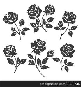 Rose silhouettes decorative set. Rose silhouettes vector illustration. Black buds and stems of roses stencils isolated on white background