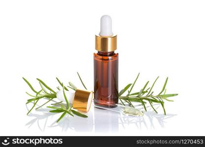 Rosemary essential oil isolated on white background. Rosemary oil for skin care, spa, wellness, massage, aromatherapy and natural medicine