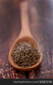 rosemary spice in wooden spoon over wood background - selective focus