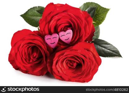 Roses and funny hearts isolated on white background, Valentines day