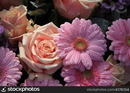 Roses and gerberas after a rainshower in two shades of pink