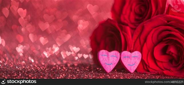 Roses and hearts. Roses and hearts on red glowing bokeh hearts background for Valentines day