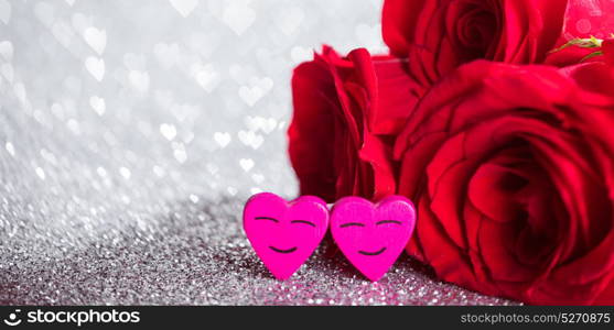 Roses and hearts. Roses and hearts on silver glowing bokeh hearts background for Valentines day