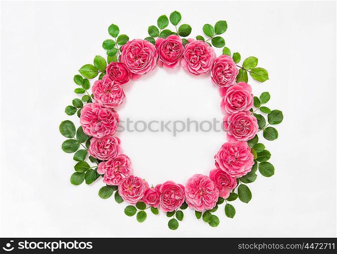 Roses with green leaves isolated on white background. Beautiful flower head wreath. Pink rose flowers