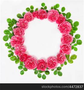 Roses with green leaves isolated on white background. Beautiful flower head wreath. Pink rose flowers