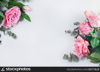 Roses with leaves. Roses with leaves, flat lay flower frame on white background