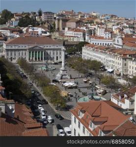 Rossio (Praca Dom Pedro IV) and the National Theater (Teatro Nacional Dona Maria II) in the city center of Lisbon in Portugal.