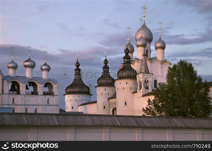 Rostov the Great, Russia. View on old Kremlin on against sunset sky.
