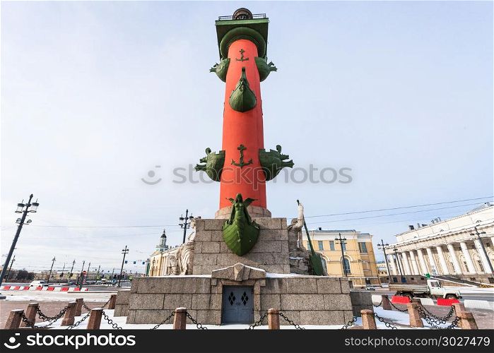 Rostral Column on Birzhevaya Ploschad square. view of Rostral Column on Birzhevaya Ploschad square in Saint Petersburg city in March