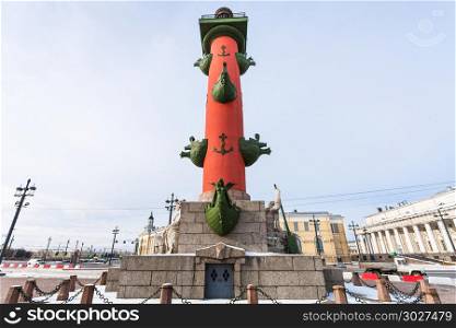 Rostral Column on Birzhevaya Ploschad square. view of Rostral Column on Birzhevaya Ploschad square in Saint Petersburg city in March