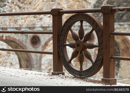 Rotary rail. Close-up of a particular of parapet an road of marble.