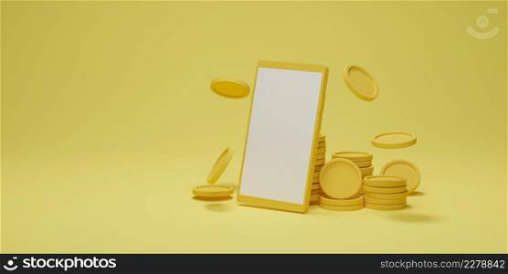 Rotating coins around smartphone with blank screen display on yellow background. Concept of online shopping, business investment profit, money saving. 3D Rendering