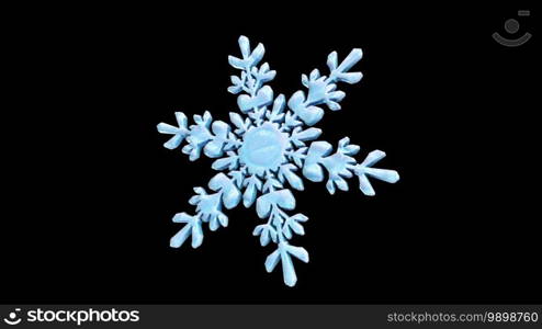 Rotating crystal snowflake against black, computer generated. 3d rendering winter background. Rotating crystal snowflake against black, computer generated. 3d rendering winter backdrop