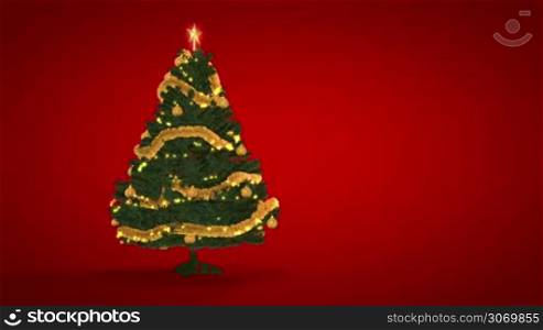 Rotating Gold Christmas Tree on red background
