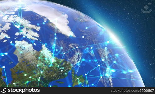 Rotating planet Earth covered grid with thin lines and connection dots. Computer genereted stars background. 3D rendering elements of this image furnished by NASA. Planet Earth covered grid with thin lines and connection dots. Computer genereted stars background. 3D rendering elements of this image furnished by NASA