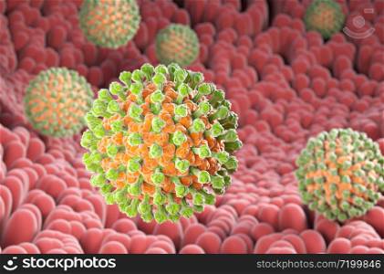 Rotavirus bacteria on the microvilli surface of digestive system. 3D illustration. Rotavirus bacteria on the microvilli surface of digestive system