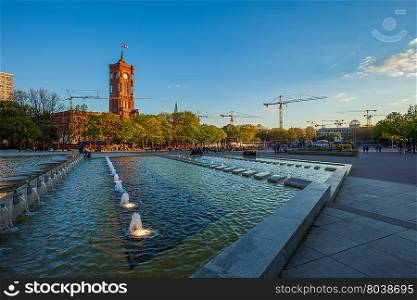 Rotes Rathaus and water cascades (Wasserkaskaden am Fernsehturm), Berlin Alexanderplatz