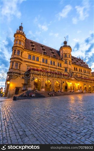 Rothenburg City hall of historic town at Rothenburg ob der Tauber, Franconia, Bavaria, Germany sunset