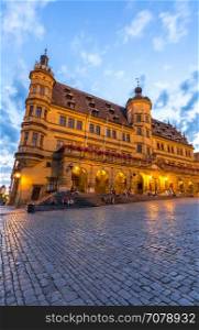 Rothenburg City hall of historic town at Rothenburg ob der Tauber, Franconia, Bavaria, Germany sunset