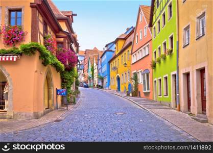 Rothenburg ob der Tauber. Cobbled colorful street and architecture of old town of Rothenburg ob der Tauber, Romantic road of Bavaria region of Germany
