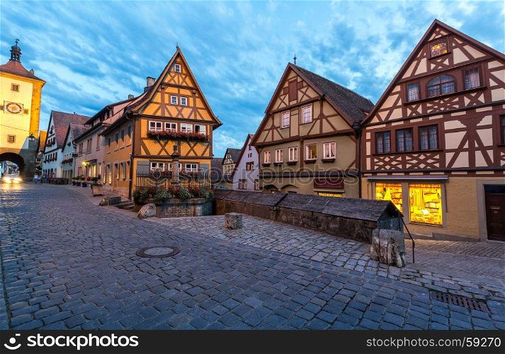 Rothenburg ob der Tauber historic town downtown at night, Franconia, Bavaria, Germany