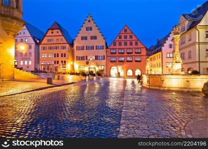 Rothenburg ob der Tauber. Main square (Marktplatz or Market square) of medieval German town of Rothenburg ob der Tauber evening view. Bavaria region of Germany