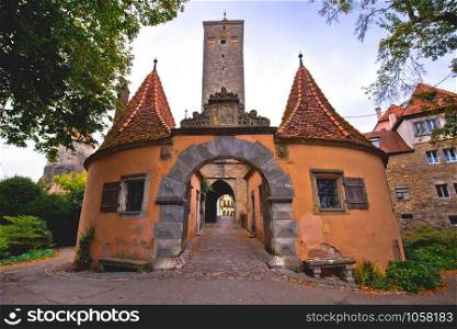 Rothenburg ob der Tauber. Western town gate Burgtor) of medieval German town of Rothenburg ob der Tauber. Bavaria region of Germany