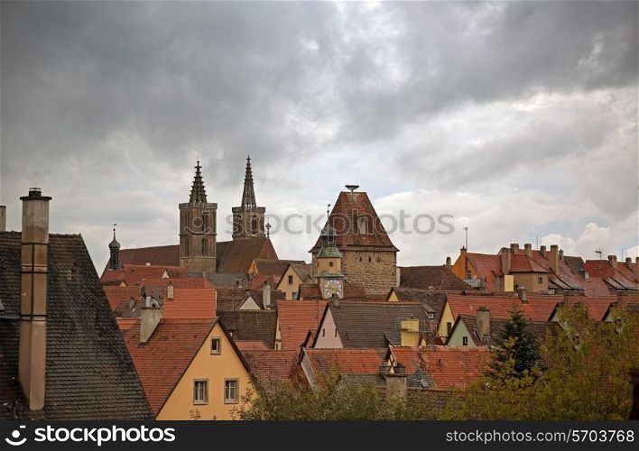 Rothenburg on Tauber cityscape, cloudy top view roofs