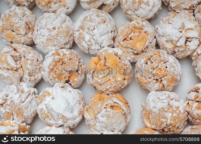 Rothenburg schneeball (snowball) pastry with sugar powder on the table&#xA;