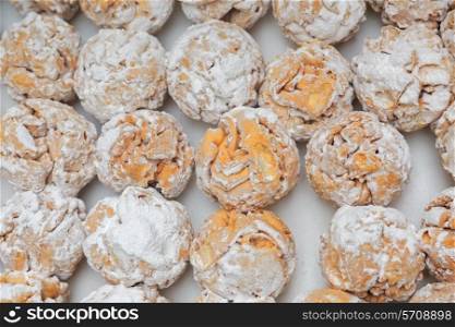 Rothenburg schneeball (snowball) pastry with sugar powder on the table&#xA;