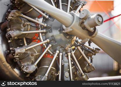 Rotor vintage plane engine close up with propeller. Rotor plane engine close up with propeller
