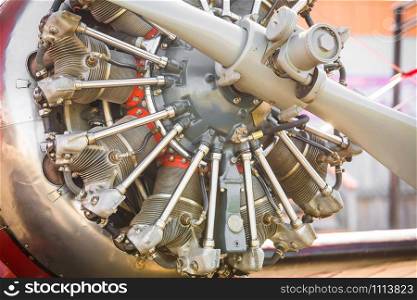 Rotor vintage plane engine close up with propeller. Rotor plane engine close up with propeller